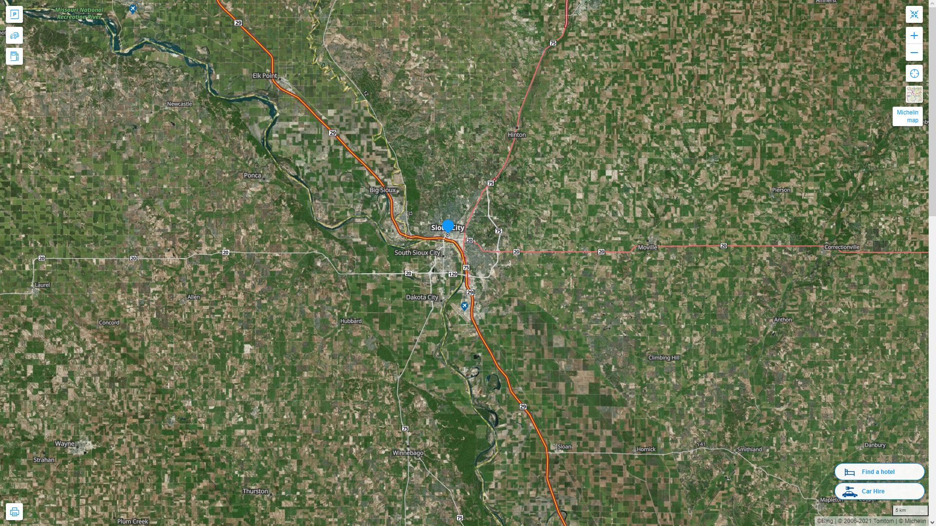 Sioux City iowa Highway and Road Map with Satellite View